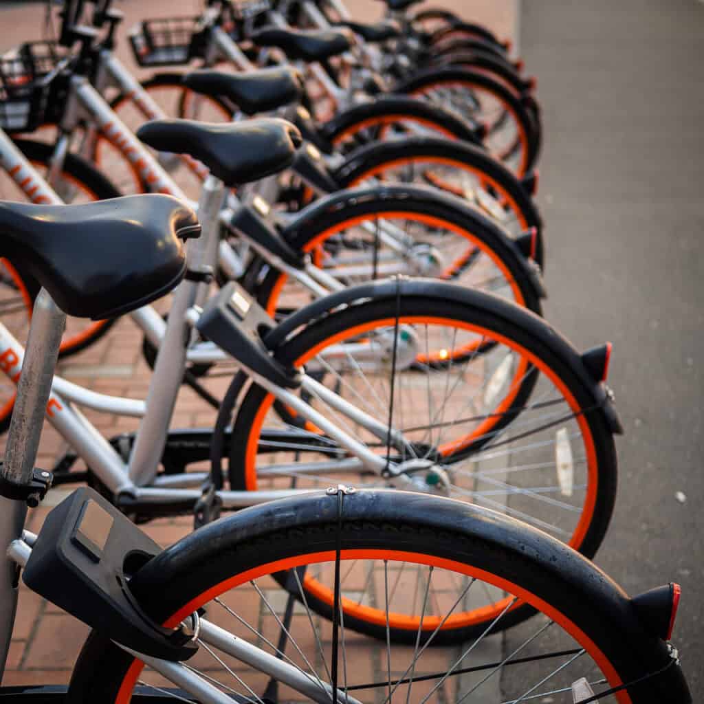 Bike rental on the main street of the city. Bike sharing system.